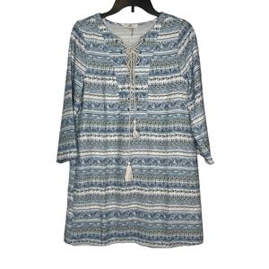 Entro Women's Shift Dress Tunic Floral Tasseled Tie Long Sleeve Lace Up Small‎